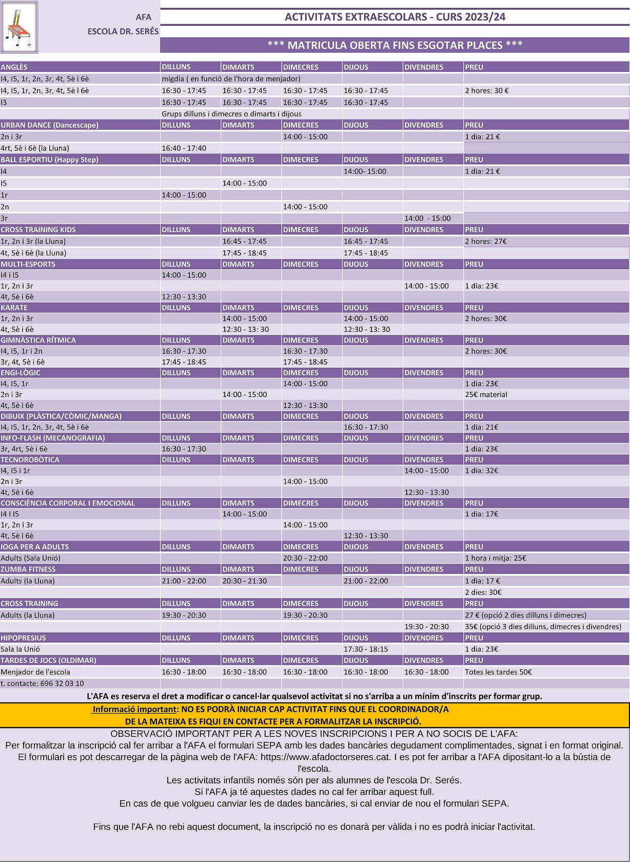 Graella Extraescolars 2023-2024